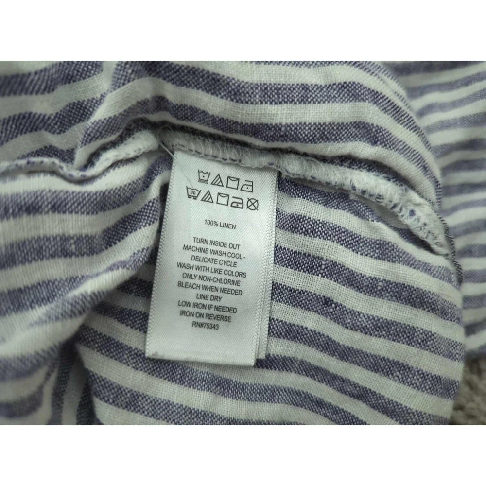 Sigrid‎ Olsen Shirt Womens XS Blue Vertical Stripes 3/4Sleeve Split V-Neck Linen